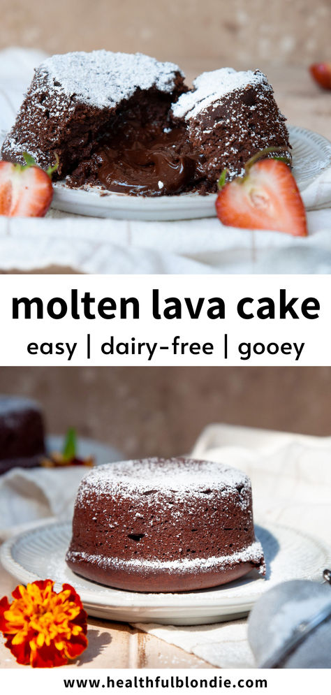 These rich and indulgent vegan molten lava cakes are warm, gooey, and so easy to make. The perfect vegan and refined sugar-free chocolate dessert for two! No eggs or butter is needed. Dairy Free Lava Cake, Dairy Free Chocolate Lava Cake, Melting Lava Cake, Vegan Molten Lava Cake, Vegan Chocolate Lava Cake, Dairy Free Chocolate Dessert Recipes, Dessert Recipes No Eggs, Vegan Desserts Easy Quick, Vegan Lava Cake Recipe