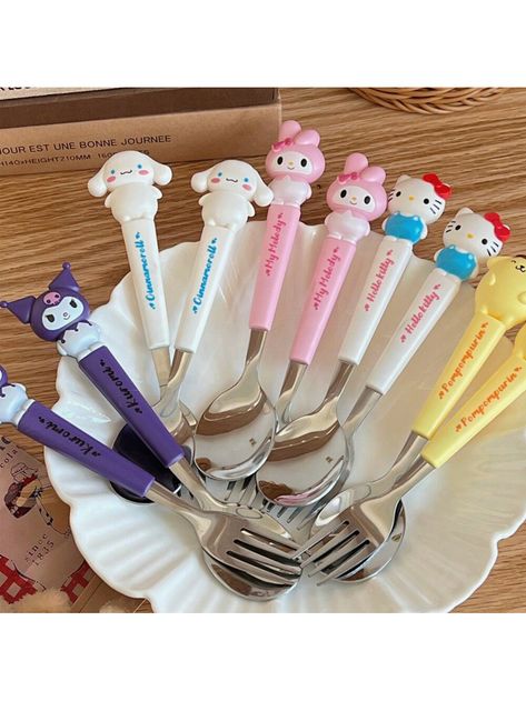 304 Stainless Steel   Cutlery Set Kawaii  Fork  Spoon Fashion Printing PortableI discovered amazing products on SHEIN.com, come check them out! Kawaii Cutlery, Kawaii Utensils, Cute Spoons, Kitchen Christmas Gifts, Portable Kitchen, Condiment Holder, Disposable Plates, Cutlery Sets, Stainless Steel Cutlery