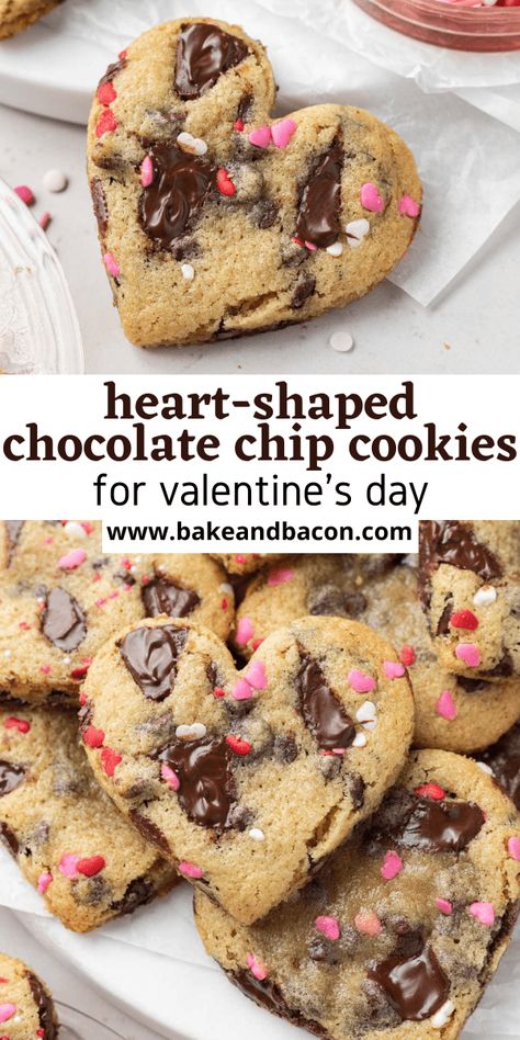 These heart-shaped chocolate chip cookies are perfect for valentines day! No chill time is required, so they're easy to make in under 30 minutes! Chocolate Chip Cookies Heart Shaped, Chocolate Chip Heart Cookies, Heart Shaped Brownies Valentines, How To Make Heart Shaped Cookies, Chocolate Chip Cookies Valentines Day, Valentine Baking For Kids, Valentine’s Day Chocolate Chip Cookies, Easy Valentines Baking, Heart Desserts Valentines Day