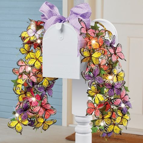 Solar Powered 3-Foot Butterflies Mailbox Swag with Bow | Collections Etc. Outdoor Statues Sculpture, Mailbox Swag, Lights At Night, Purple Gingham, Solar Powered Lights, Yellow And Purple, Collections Etc, Garden Accents, Outdoor Statues