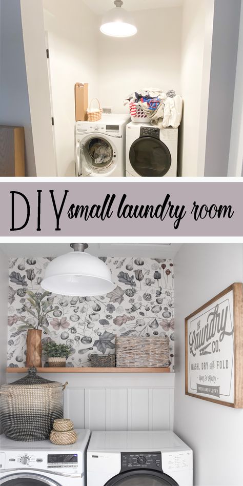 Laundry Room With Peel And Stick Wallpaper, Laundry Room Accent Wall Wallpaper, Small Laundry Room With Wallpaper, Small Laundry Room Wallpaper Ideas, Wallpaper In Laundry Room Small Spaces, Mud Room Inspiration, Wallpaper Ideas For Laundry Room, Small Laundry Room Wallpaper, Wallpaper For Laundry Room