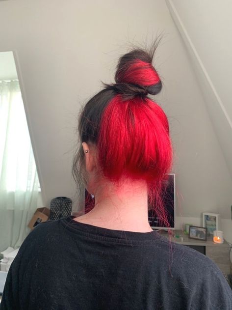 Black Red Underneath Hair, Half Hair Dyed Underneath Red, Half Half Hair Color Underneath, Half Dyed Red Hair, Under Red Hair Dye, Black And Red Hair Underneath, Half Died Under Hair Red, Black With Color Underneath Hair, Hair Dye Ideas Red And Black