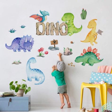 Yovkky Watercolor Boys Dinosaur Wall Decals Stickers, Neutral Dino Animal Peel and Stick Removable Nursery Cactus Decor, Home Baby Room Decorations Girls Kids Bedroom Playroom Art Party Supply Gifts Toddler Playroom Decor, Christmas Tree Wall Decal, Haloween Decor, Dinosaur Wall Decals, Toddler Playroom, Living Room Background, Wall Decor Decals, Dinosaur Wall, Wall Stickers Kids