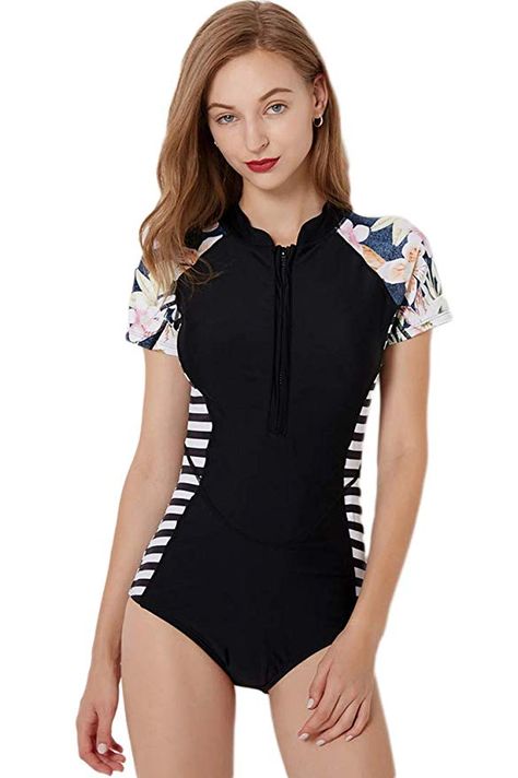 Amazon.com: Micosuza Womens Rash Guard Short Sleeve Zip Printed One Piece Swimsuit: Clothing Suit Sleeves, Floral Print Swimwear, Bathing Suit Shorts, Sleeve Swimsuit, Swimming Suits, Rashguard Swimsuit, Surf Suit, Rash Guard Women, Floral One Piece Swimsuit