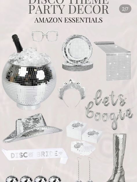 Disco Hen Party Theme, Disco And Diamonds Party Theme, Last Disco Birthday Party, Cowboy Disco Party Decorations, Silver Disco Birthday Party, Mid 20s Birthday Party Ideas, White And Silver Disco Party, Mirror Ball Theme Party, Disco Theme Birthday Party Outfit