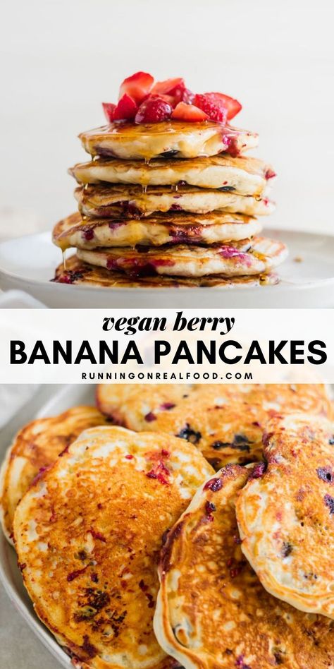 These simple vegan pancakes are light and fluffy and take just minutes to make and never disappoint. Load them up with fresh berries, banana and maple syrup and enjoy them for a special treat! Simple Vegan Pancakes, Quick Vegan Breakfast, Vegan Pancakes Easy, Vegan Banana Pancakes, Berry Pancakes, Vegan Pancake Recipes, Quick Vegan, Healthy Vegan Breakfast, Vegan Pancakes