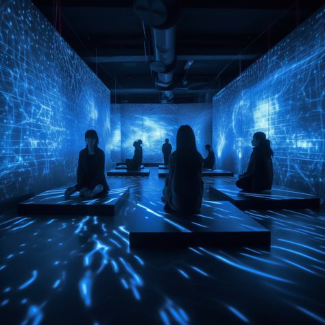 digital walls, cyberspace, meditation room, dark blue, immersive experience design Immersive Projection Room, Immersive Experience Design, Projection Mapping Installation, Immersive Museum, Immersive Room, Immersive Design, Water Projection, Immersive Environment, Immersive Exhibition