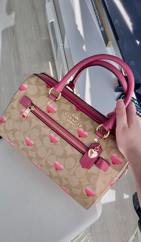 Pink Coach Bag, Mini Designer Bags, Coach Rowan Satchel, Expensive Purses, Purse Aesthetic, Painted Handbag, Types Of Purses, Inside My Bag, Luxury Bags Collection