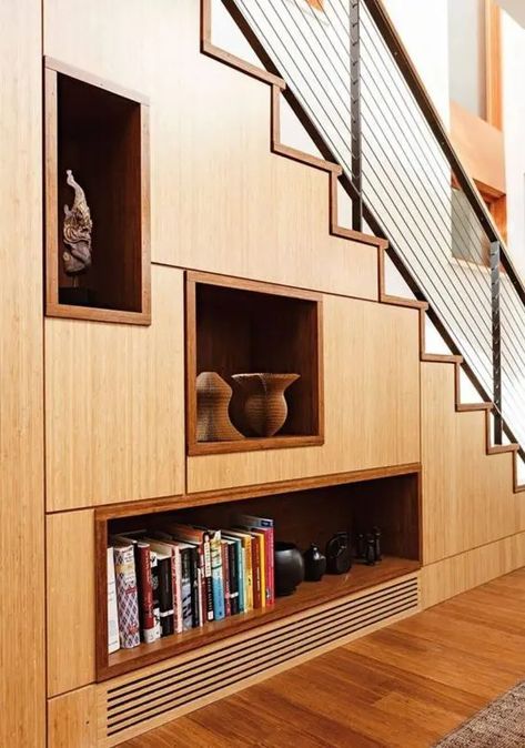 niches and drawers are a smart solution for a staircase, they allow storage Tangga Aesthetic, Ikea Under Stairs, Storage Under Staircase, Under Stairs Storage Solutions, Space Under Stairs, تحت الدرج, Storage Warehouse, Storage Stairs, Railing Tangga