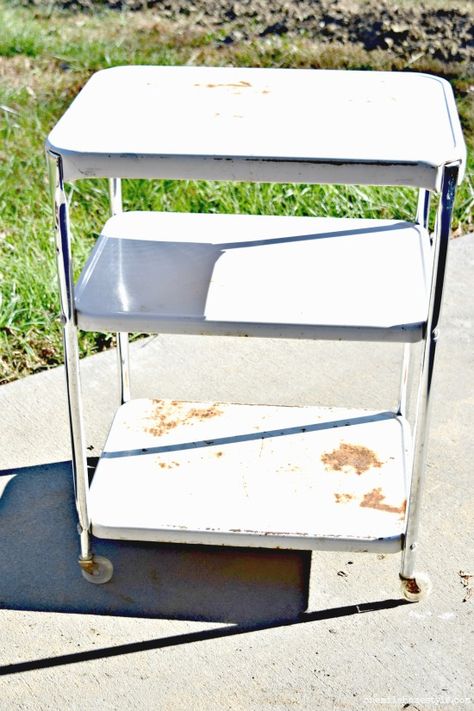 Kitchen Cart Decor, Diy Rolling Cart, Kitchen Cart Makeover, Furniture Refinishing Techniques, Metal Step Stool, Vintage Carts, Vintage Tea Cart, Kitchen Carts On Wheels, Vintage Makeover