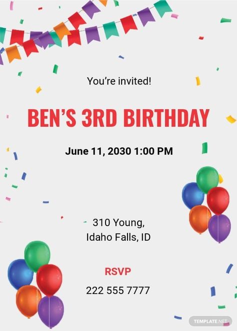 3rd Birthday Invitation Card Template For Boy 3rd Birthday Invitation, Birthday Invitation Card Template, Birthday Invitation Card, Birthday Invites, Invitation Card Template, Free Birthday, Youre Invited, Free Birthday Stuff, Invitation Card