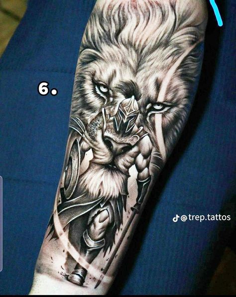 Lion Warrior Tattoo For Men, Unique Lion Tattoo For Men, Lions Tattoo Men, Mens Lion Tattoo Leg, Lion Sleeve Tattoo Men Ideas, Mens Calf Tattoo, Christian Warrior Tattoo, Loin Tattoos, Lion Warrior Tattoo