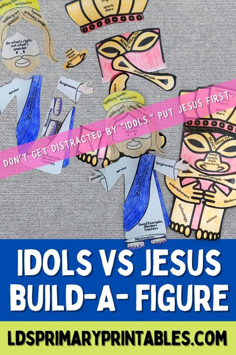 This super unique, super fun puzzle craft includes a Jesus figure and an idol figure. Ask the kids for examples of how they can put the Lord first and things that they might be tempted to worship (idols) instead of the Lord. Each piece of the Jesus figure contains examples of a way we can put the Lord first while the idol figure contains examples of "idol" worship things. #ldsprimaryprintables #comefollowme #comefollowmeforkids #primaryteacherprintables #familyhomeevening #ldsprimaryteacher No Idols Bible Craft, Uplifting Books, Idol Worship, Lds Youth, Bible Activities For Kids, Vbs 2024, Primary Activities, Religious Crafts, Puzzle Crafts