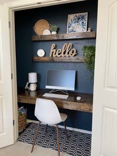 Closet Desk With Shelves, Desk In A Closet Built Ins, Closet Homework Station, Closet Office Built In, Tiny Home Office Closet, Desk Inset Into Wall, Computer Space Ideas, Desk Closet Ideas Built Ins, Closet Offices Diy