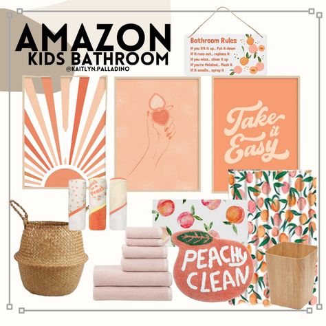 Boho Peach Bathroom, Girls Bathroom Ideas Kids, Peachy Bathroom Ideas, Guest And Kids Bathroom, Peachy Bathroom Decor, Cute Bathroom Ideas For Women, Amazon Kids Bathroom, Peach Bathroom Theme, Peachy Clean Bathroom Decor