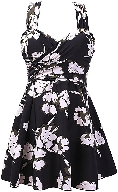 COCOPEAR Women's Elegant Crossover One Piece Swimdress Floral Skirted Swimsuit(FBA) Black Floral 5XL/24-26 at Amazon Women’s Clothing store Pin Up Swimsuit, Padded Swimwear, Under The Skirt, Skirted Swimsuit, Retro Swimsuit, Swimsuit Sale, Plus Size Swim, Curvy Dress, Digital Music