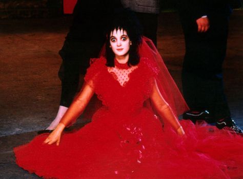 Winona Ryder Halloween costume ideas you'll love: Lydia Deetz, Beetlejuice Beetlejuice Red Dress, Lydia Deetz Costume Red, Lydia Deetz Wedding Dress, Lydia Deetz Wedding, Horror Cinematography, Winona Ryder Beetlejuice, Lydia Deetz Costume, Beetlejuice Dress, Drew Barrymore 90s