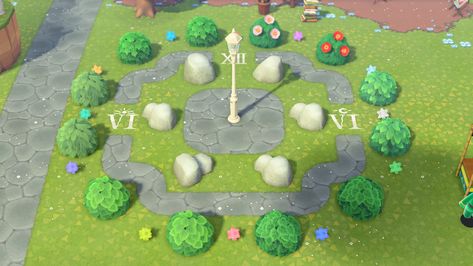 Acnh Bush Design, Animal Crossing Bushes Ideas, Animal Crossing Star Fragments Ideas, Acnh Clock Design, Acnh Bush Guide, Acnh Bushes Ideas, Acnh Bush Clock, Acnh Sun Design, Acnh Shrub Clock