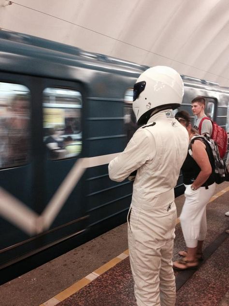 The Stig in  russian Subway.  St-Petresburg, Russia Stig Top Gear, The Stig, Top Gear Uk, Fun Shots, Top Gear, Grand Tour, New Top, St Petersburg, Staging