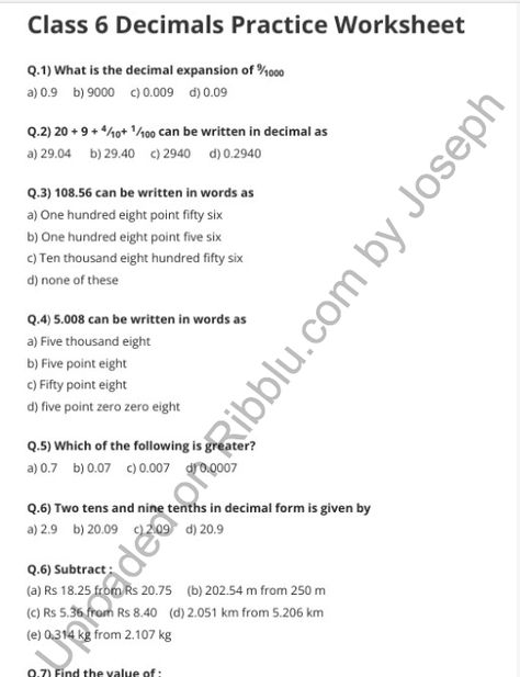 Decimal Practice, Comparing Decimals, Class 6 Maths, Math Decimals, Decimals Worksheets, Grade 6 Math, Maths Worksheets, Mathematics Worksheets, Revision Notes