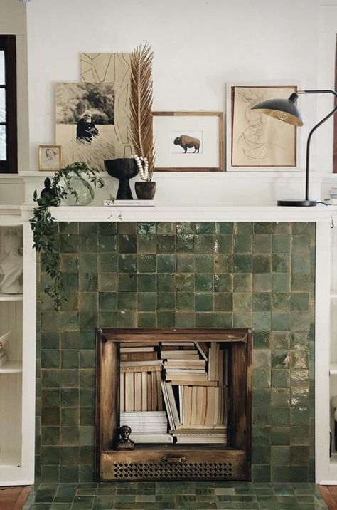 White Fireplace With Tile, Fireplace Green Tile, Colonial Fireplace Makeover, Colorful Fireplace Tile, Zellige Tile Fireplace Surround, Green Tile Fireplace Surround, Green Tiled Fireplace, Midcentury Fireplace Ideas, Artsy Fireplace