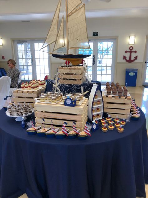 Rustic Nautical Centerpieces, Nautical Cocktail Party, Nautical Baby Shower Centerpiece Ideas, Nautical Dessert Table, Nautical Theme Retirement Party, Nautical Decor Party, Boat Centerpiece Ideas, Anchor Centerpiece Ideas, Sailing Into Retirement Party