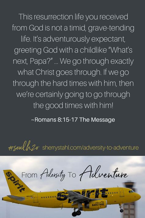 Romans 8:15-17 Share in #soulh2o #devotion From Adversity to Adventure. Romans 8 17, Romans 8 15, Exodus 12, Life Of Adventure, Boring People, Touch Love, Devotional Books, Romans 8, Missions Trip