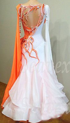 Women Ballroom Rhythm Tango Waltz Dance Dress US 6 UK 8 Orange White Beads White Ballroom Dress, Waltz Dance Dress, Tango Dance Dress, Smooth Dance Dresses, Standard Dance Dress, Waltz Dance, Ballroom Gowns, Tango Dress, Competition Dress