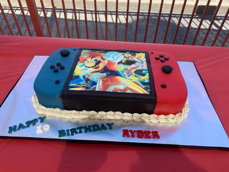 Grandson Ryder’s 19th birthday. Mario kart 8 Mario Cart Cakes Birthday, Mario Kart Switch, Mario Kart Birthday Cake, Nintendo Switch Cake, Nintendo Switch Party, Switch Party, Nintendo Cake, Bro Birthday, Basket Themes