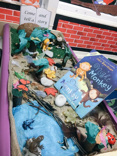 Night Monkey, Day Monkey inspired small world scene 🐵🐵 #EYFS #earlyyears #smallworld #storytelling #nightmonkeydaymonkey Day And Night Eyfs, Eyfs Autumn, Night Monkey, Eyfs Maths, Natural Cycles, Tuff Spot, Eyfs Classroom, Continuous Provision, Baby Activities