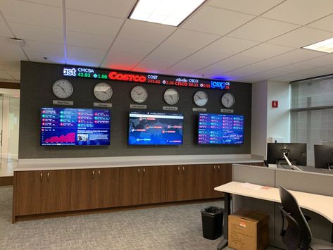 Stock Trading Office Design, Stock Office Design, Stock Market Bull And Bear Wallpaper, Stock Ticker Display, Stock Market Office Interior, Trading Room Design, Trading Setup, Room Desks, Trading Room