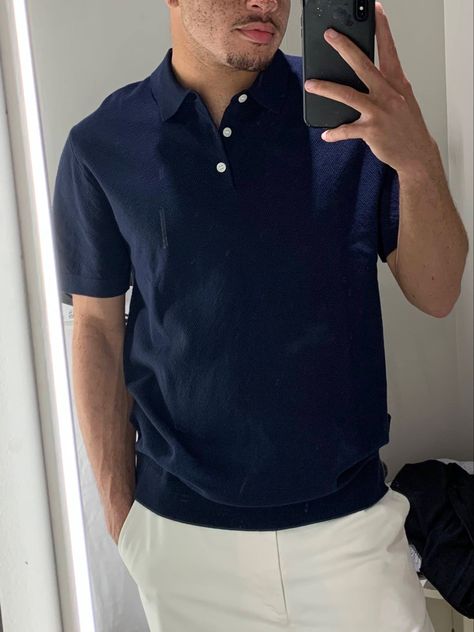 H&M Men’s Navy Knit Polo - Medium Blue Polo Shirt Outfit Men, Polo Aesthetic Outfit, Polo Outfits, Polo Outfit Men, Polo Shirt Outfit Men, Navy Blue Outfit, Polo Tshirts, Polo Shirt Outfits, Outfit Hombre