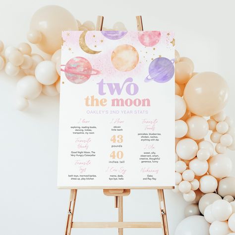 Digital TWo the Moon 2nd Year Milestone Board - Size 18x24 Inches ✨NEED A PRINTED MILESTONE POSTER? FIND ME ON ZAZZLE FOR THE PRINTED VERSION AND MATCHING DECOR. JUST FOLLOW THE LINK BELOW. https://www.zazzle.com/collections/girls_to_the_moon_collection-119410708448759548 ✨DEMO THIS DESIGN TO TRY BEFORE YOU BUY Copy and paste the URL below to the template demo: https://www.corjl.com/d/2J4B1A ✨PLEASE READ: This sign is a digital file. You will not receive any items in the mail. Once the listing i We Love You Two The Moon Birthday, Love You 2 The Moon Birthday, Two The Moon Photoshoot, Two The Moon Birthday Party Girl, Two The Moon Birthday Party, Birthday Watercolor, Moon Birthday, Two The Moon, Milestone Board