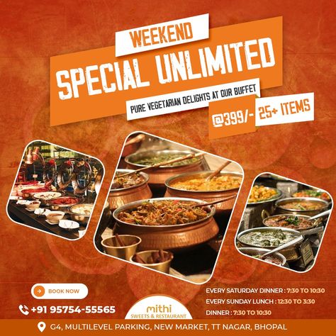 Best Veg Buffet in Bhopal | Mithi Sweets And Restaurant Bhopal Vegetarian Buffet, Food Post, Lunch Buffet, Adobe Illustrator Graphic Design, Buffet Restaurant, Sunday Lunch, Creative Ads, Buffet Table, New Market