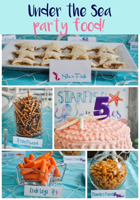 under the sea or mermaid party food! Under The Sea Party Treats, Mermaid Birthday Party Food Labels, Under The Sea Savory Food, Under The Sea Party Desserts, Under The Sea Party Snacks Food Ideas, Under The Sea Theme Desserts, Easy Mermaid Party Decorations, Ocean Themed Snacks Under The Sea, Under The Sea Birthday Snacks