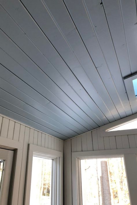 Blue Shiplap Ceiling, Blue Ceiling Porch, Light Blue Ceiling, Colonial Staircase, Blue Ceiling Paint, Shiplap Bedroom, Sea Glass Chandelier, Blue Porch Ceiling, Blue Ceiling