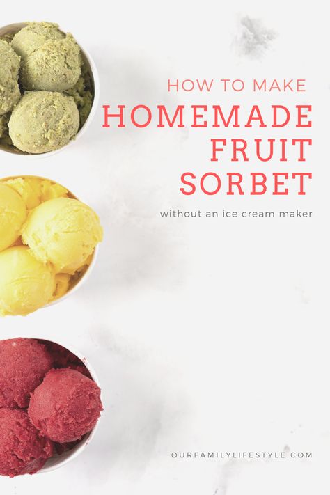 How to Make Homemade Fruit Sorbet Without an Ice Cream Maker. You can make homemade fruit sorbet with any of your favorite fruits – and you don't even need an ice cream maker to do it! Making Sorbet Without Ice Cream Maker, Homemade Sorbet Without Ice Cream Maker, How To Make Sorbet Without A Machine, Homemade Fruit Sorbet, Diy Sorbet With Frozen Fruit, Sorbet Recipes Without Ice Cream Maker, How To Make Sorbet With Frozen Fruit, Sorbet Recipes For Ice Cream Maker, Fruit Ice Cream Recipes