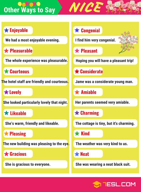 NICE Synonyms: List of 60+ Synonyms for NICE - 7 E S L Nice Synonyms, Other Ways To Say, English Vocab, English Teaching, English Language Teaching, English Writing Skills, English Tips, Words To Use, English Writing