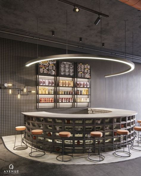 Circular Bar Design, Coffee Counter Design, Elegant Coffee Bar Ideas, Elegant Coffee Bar, Round Bar Design, Restaurant Counter Design, Coffee Bar Counter, Industrial Coffee Bar, Counter Styling