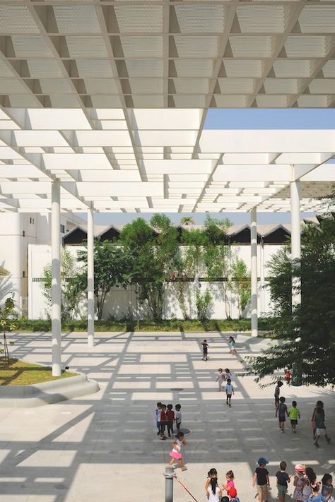 Abu Dhabi school by Segond-Guyon takes horizontal approach amid high-rise towers - De51gn Shading Architecture, Architecture Canopy, Building Canopy, Kinetic Architecture, Canopy Architecture, School Entrance, Canopy Design, Education Architecture, Shade Structure