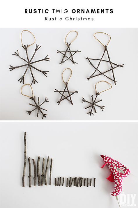 Rustic Twig Ornaments - Christmas ornaments that are super easy to make. Twig Ornaments, Diy Christmas Ornaments Rustic, Rustic Christmas Diy, Old Fashion Christmas Tree, Twig Crafts, Christmas Tree Garland, Natural Christmas, Rustic Christmas Tree, Old Fashioned Christmas