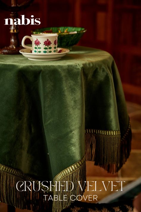 Crushed velvet with elegant trim detail table cover. Home and dining decor textiles Luxury Table Cloth, Fancy Tablecloth, Luxury Tablecloth, Horse Throw Pillows, Table Fabric, Shopping Mall Design, Velvet Table, Royal Table, Fancy Table