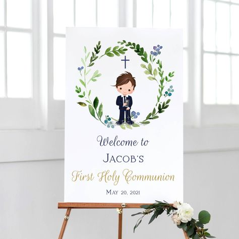 First Communion Boy, Communion Invitations Boy, Gold Eucalyptus, Communion Table, Holy Communion Party, Boys First Communion, First Communion Decorations, Communion Decorations, First Communion Party