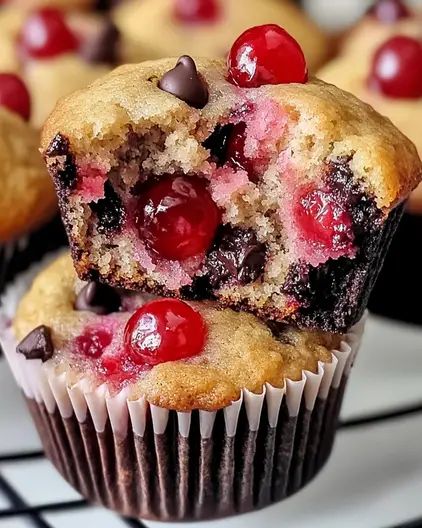 Make these delicious Cherry Chocolate Chip Muffins in just 30 minutes! Soft, moist, and bursting with cherries and chocolate in every bite. Glace Cherry Recipes, Chocolate Cherry Muffins, Cinnamon Apple Crisp, Optimal Recipes, Old Fashioned Chocolate Pie, Glazed Cherries, Cherry Muffins, Coffee Cheesecake, Cherry Chocolate