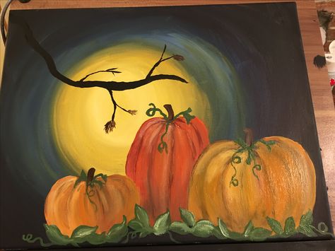 Design for my first PAINT NIGHT! "Harvest Moon" for our 'Harvest Hues' session... Harvest Painting Ideas, Harvest Moon Painting, Halloween Paint Night, Simple Fall Paintings, Autumn Painting Ideas, Pumpkin Canvas Painting, Painting Moon, Primitive Painting, Fall Canvas Painting