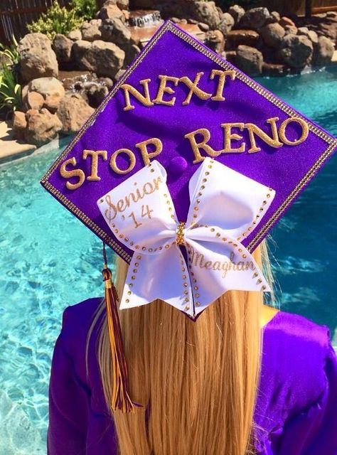 Cheerleader graduation cap~ "Next Stop Australia" Senior Cap Ideas, Grad Cap Ideas, Creative Graduation Caps, Cheer Pom Poms, Cheer Stuff, Cap Ideas, Graduation Caps, Signature Ideas, Cap Designs