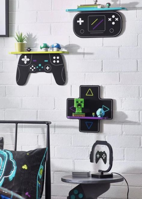 Video Games Room Ideas, Gaming Room Diy Decor, Gamer Theme Bedroom, Gamer Shelves, Teen Gamer Bedroom Ideas, Cool Boy Rooms, Gamer Room Decor Ideas, Boy Gaming Room, Boy Gamer Bedroom Ideas