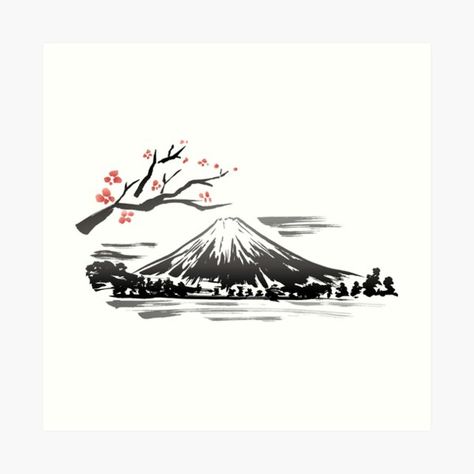 A black and pink Japanese landscape of Mt Fuji in spring • Millions of unique designs by independent artists. Find your thing. Mount Fuji Tattoo Simple, Mt Fuji Tattoo, Mt Fuji Tattoo Design, Mount Fuji Drawing, Mt Fuji Watercolor, Mt Fuji Japan Painting, Gunung Fuji, Mont Fuji, Blossom Tattoo