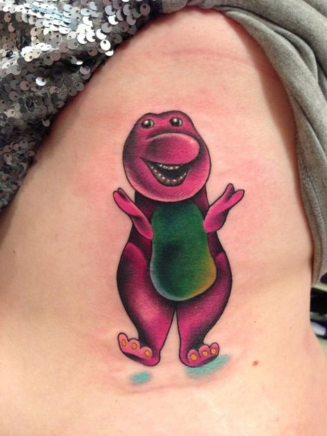 Barney Barney Tattoo, Barney The Dinosaur, 90s Tattoos, Dinosaur Tattoo, Tattoo Face, Dinosaur Tattoos, Sweet Tattoos, Leg Sleeve Tattoo, Tattoo Design Ideas