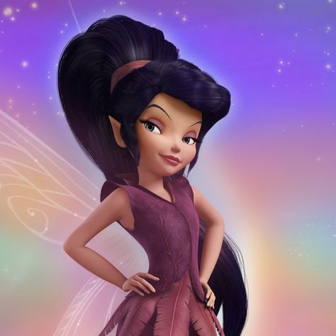 Vidia is a Fast-flying-talent fairy. She has long black hair, (in the books, but in the movies it is shown that she has Plum colored hair) fair skin, pouty lips, arched eyebrows and is a bit tall for a fairy. She prides herself on being the fastest fairy there is, and scoffs at the notion that anyone else – especially a fairy like Tinker Bell – is anywhere near her level. Vidia tends to be secretive, keeping extra pixie dust locked in a box hidden under her bed and racing dragonflies when... Pixie Hollow Games, Fairies Movie, Movies Animation, Pirate Fairy, Hair Fair, Tinkerbell And Friends, Tinkerbell Disney, Tinkerbell Fairies, Arched Eyebrows